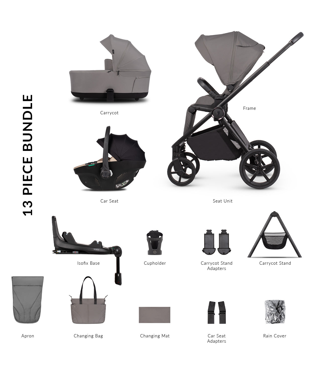 Venicci Claro 2 pram travel system in fog grey colour, with car seat and isofix base, carrycot stand and accessories.