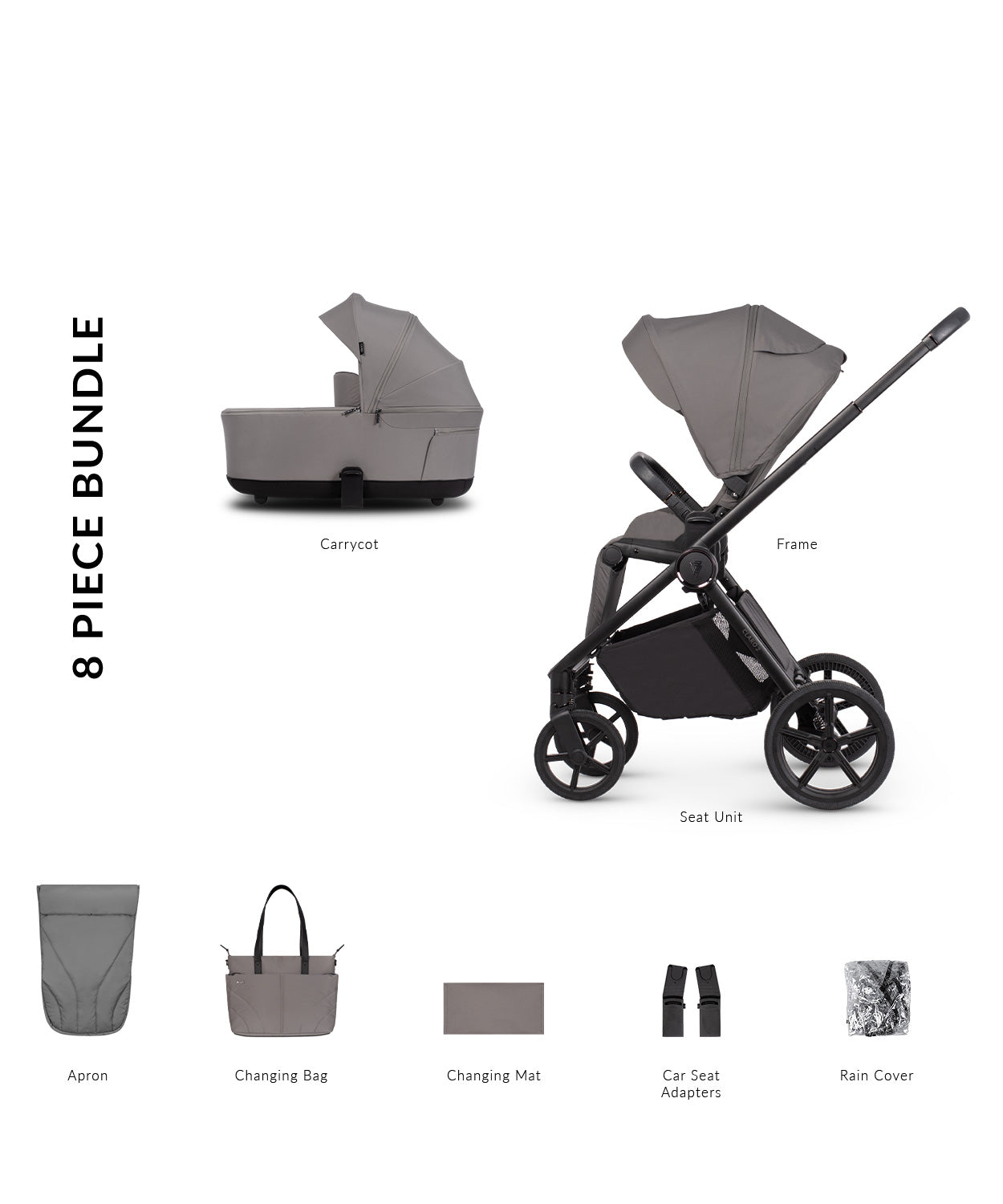 Venicci Claro 2 Stroller and carrycot in fog grey colour with accessories.
