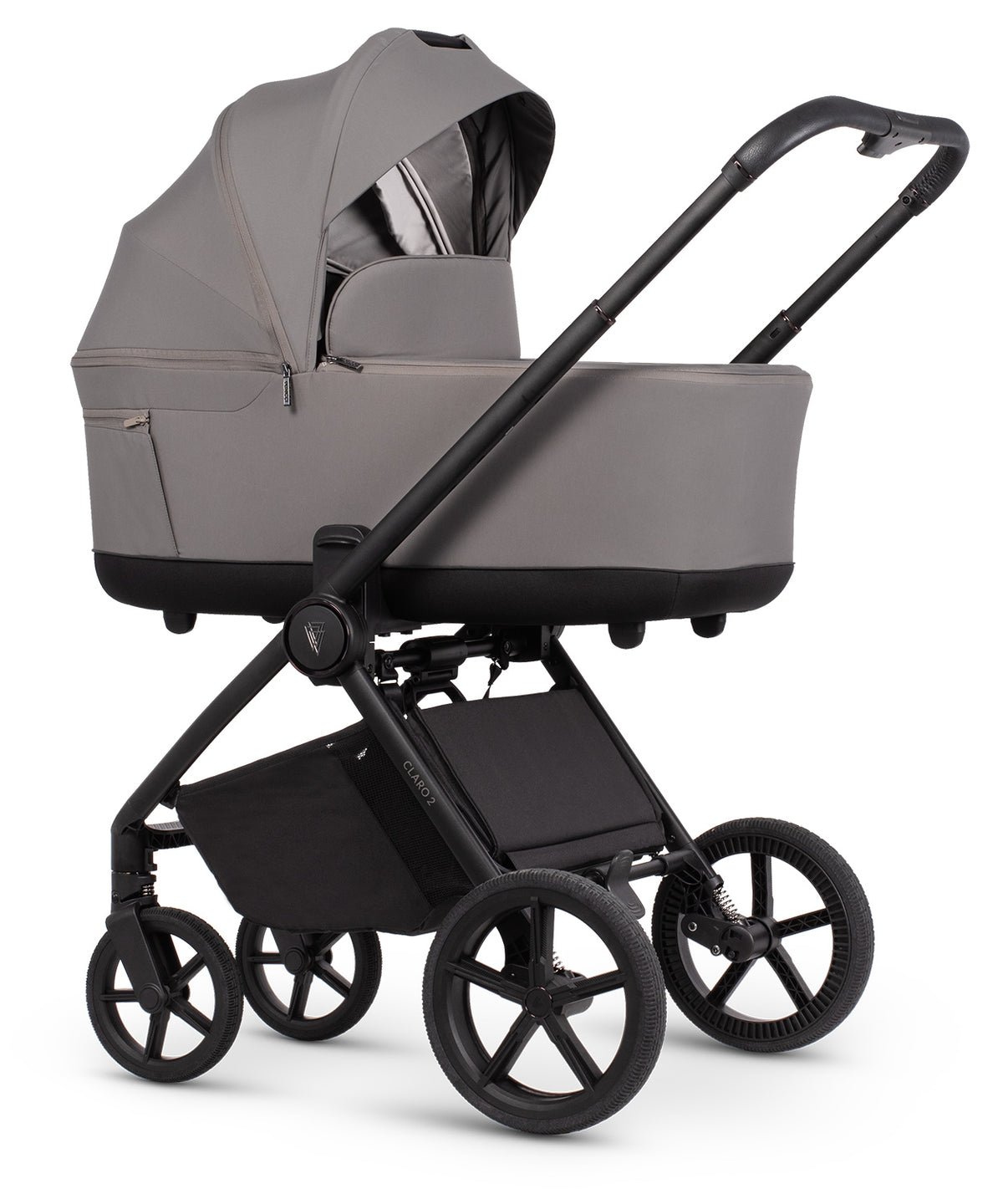 Veicci Claro 2 travel system in fog grey colour with matching accessories, complete with cybex cloud S car seat and isofix base.