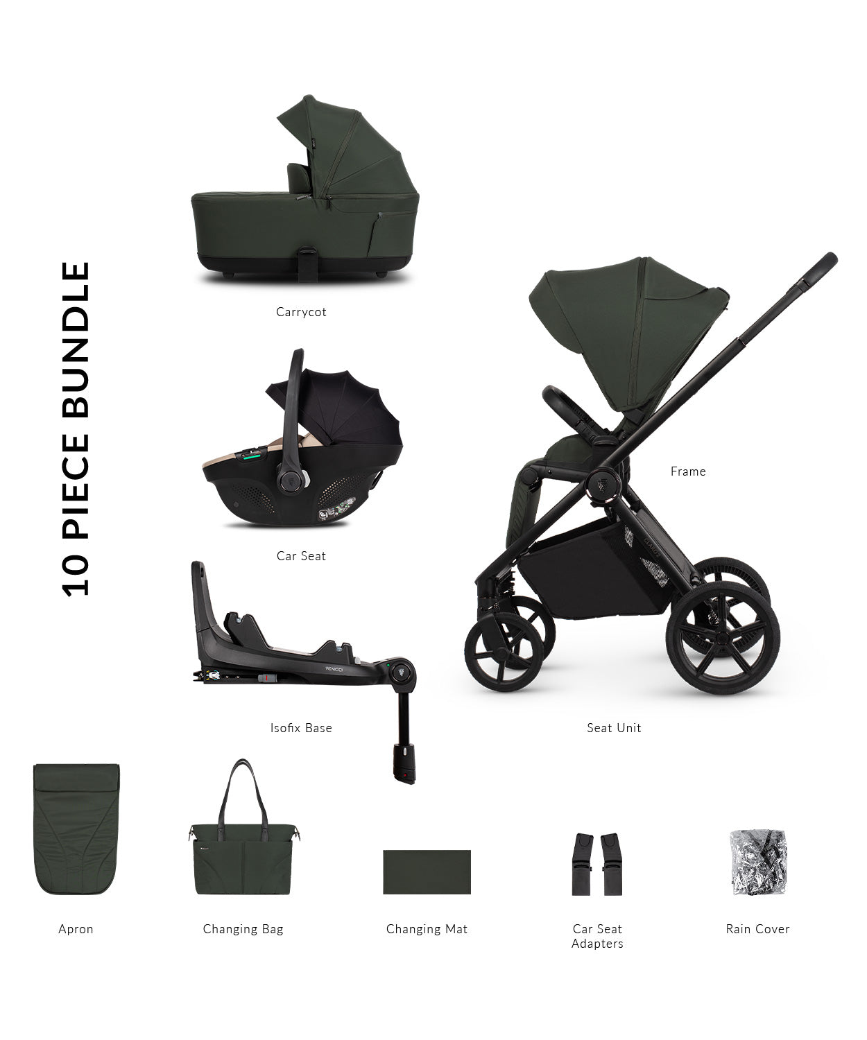 Venicci Claro 2 travel system in forest green with tiago car seat and isofix base.