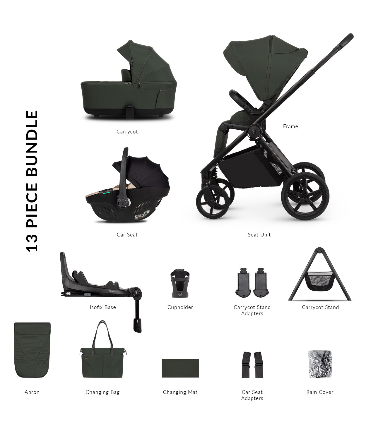 Venicci Claro 2 pram travel system in forest green colour, with car seat and isofix base, carrycot stand and accessories.