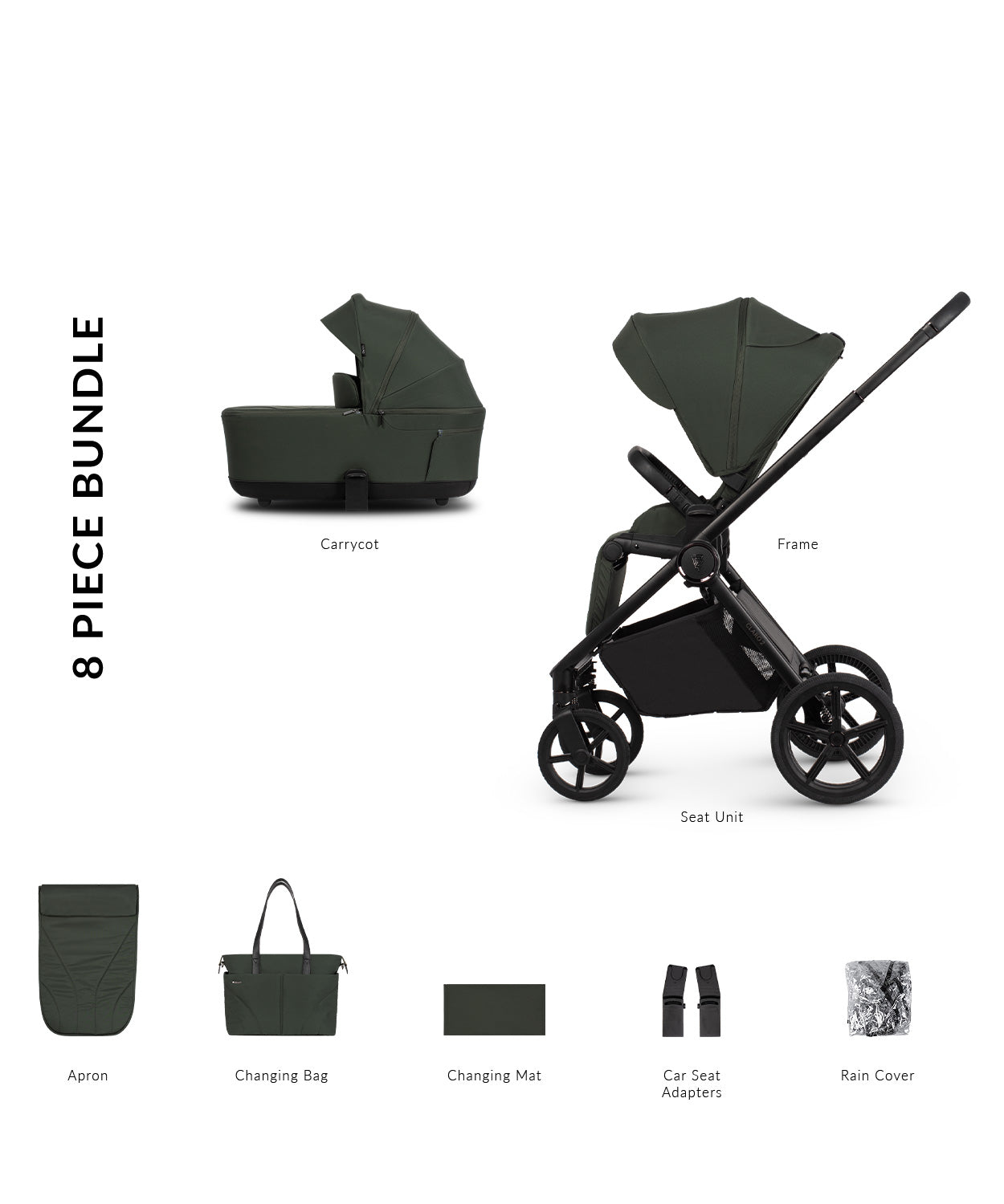 Venicci Claro 2 Stroller and carrycot in forest green colour with accessories.