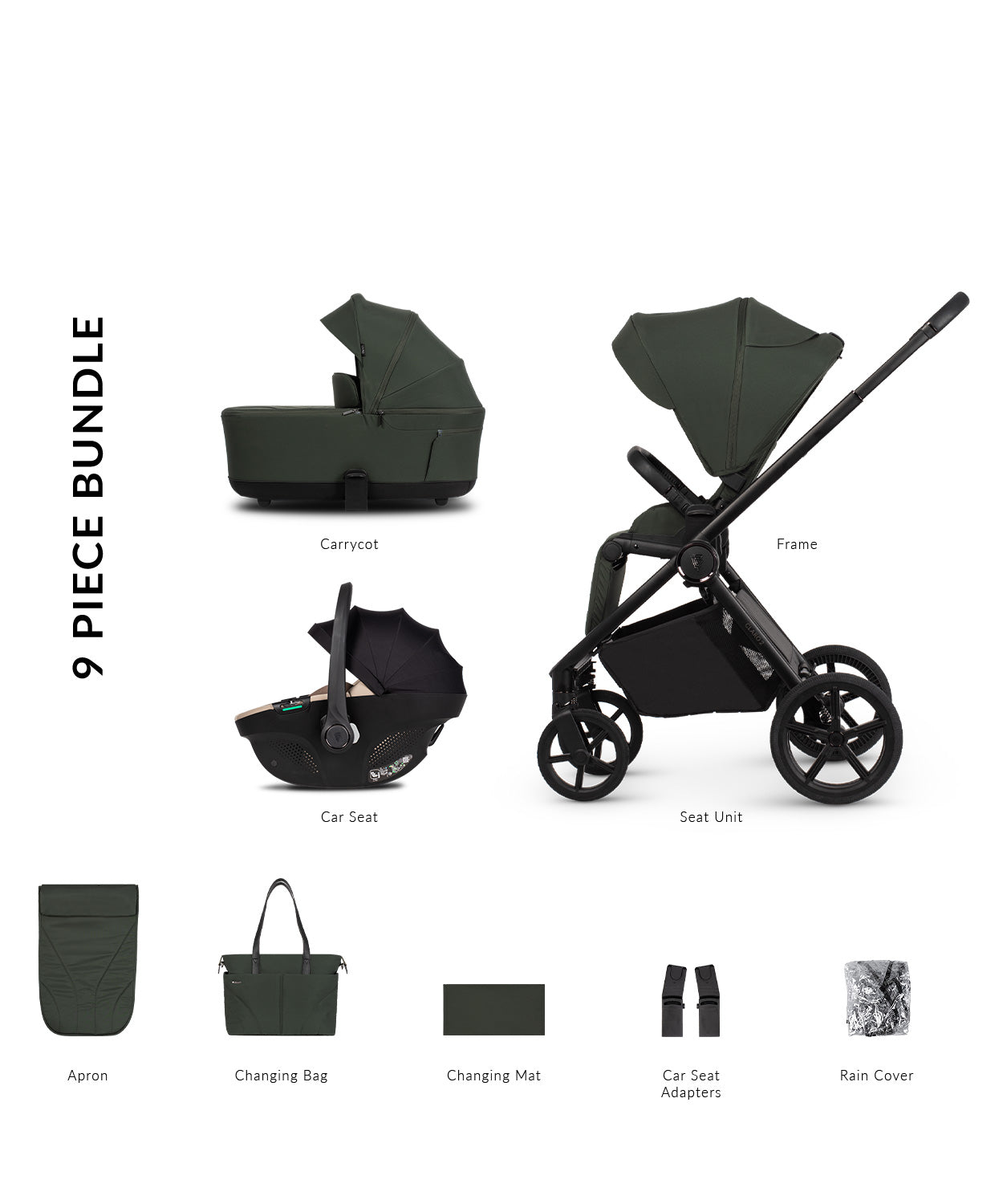 Venicci Claro 2 travel system in forest green with tiago car seat only.