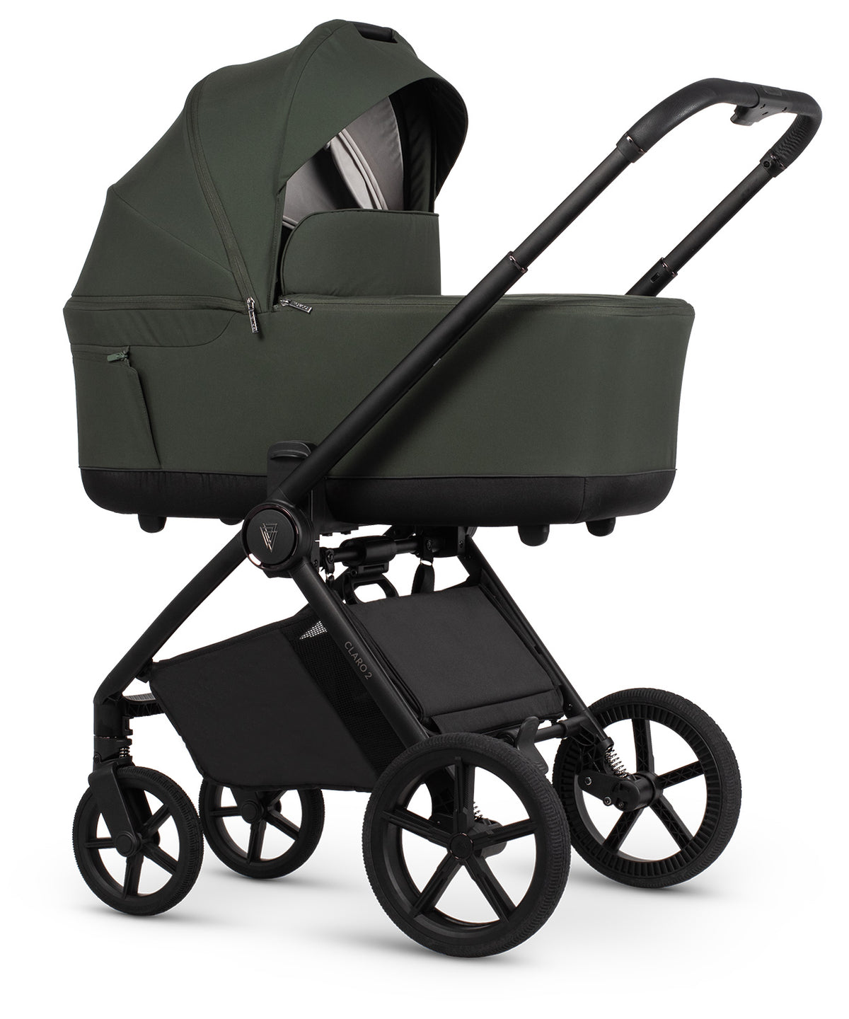 Veicci Claro 2 travel system in forest green with matching accessories, complete with cybex cloud S car seat and isofix base.