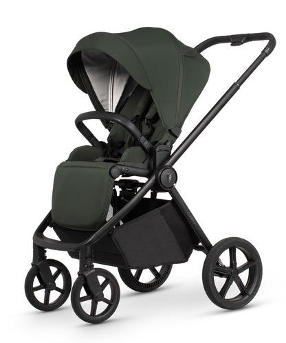 Veicci Claro 2 travel system in forest green with matching accessories, complete with cybex cloud S car seat and isofix base.