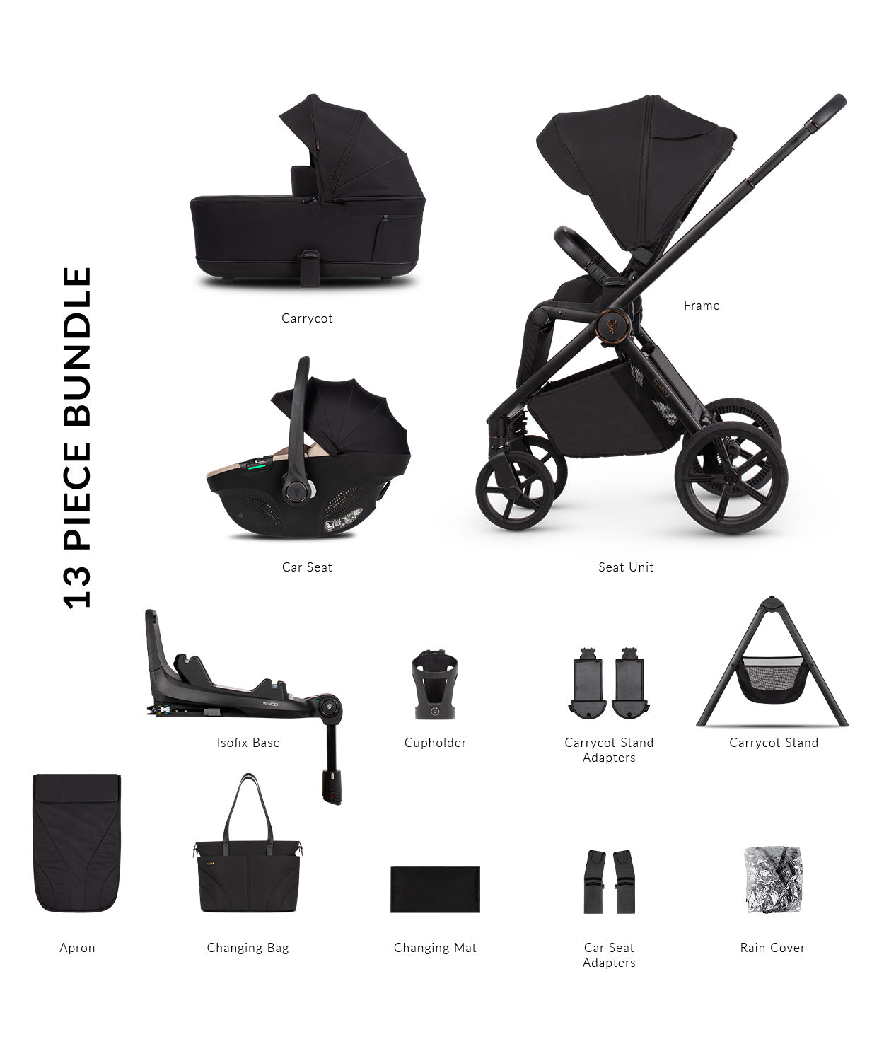 Venicci Claro 2 pram travel system in noir black colour, with car seat and isofix base, carrycot stand and accessories.