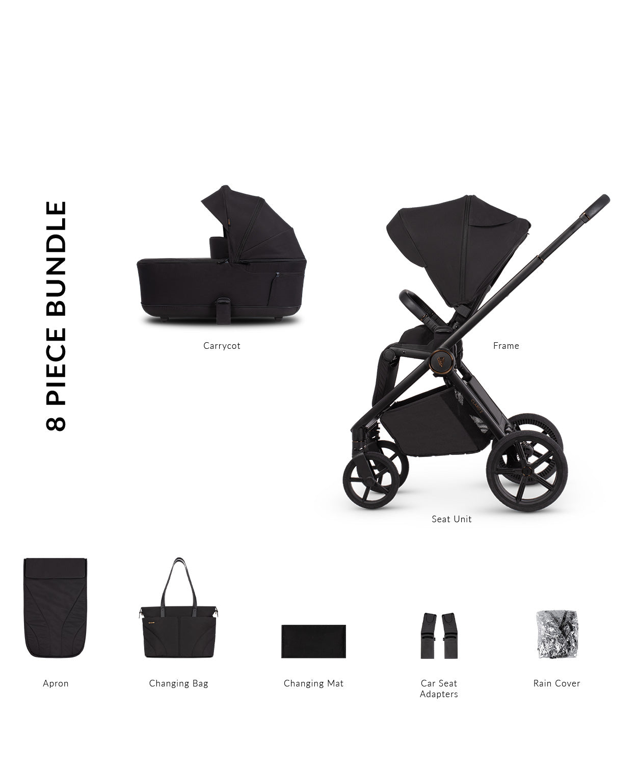 Venicci Claro 2 Stroller and carrycot in noir black colour with accessories.