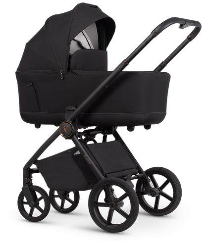 Veicci Claro 2 travel system in noir black with matching accessories, complete with cybex cloud S car seat and isofix base.