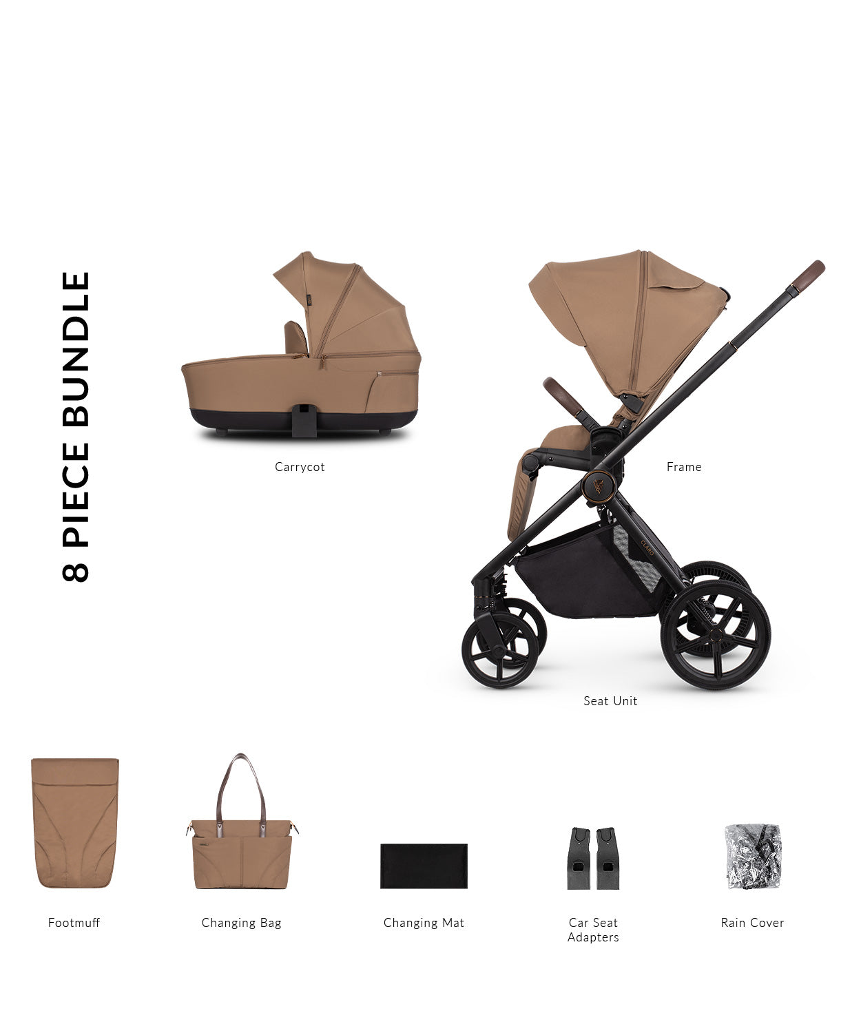 Venicci Claro in Caramel stroller, carrycot and accessories displayed, highlighting a 2-in-1 travel system with mesh ventilation and one-hand folding capability.