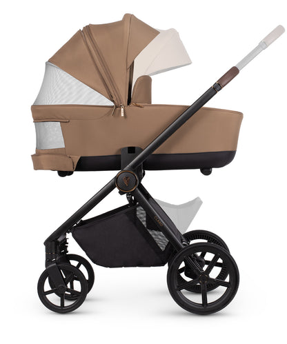 Venicci Claro in Caramel stroller, carrycot and accessories displayed, highlighting a 2-in-1 travel system with mesh ventilation and one-hand folding capability.