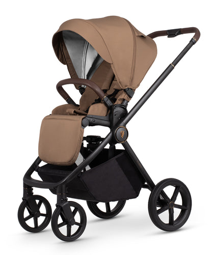 Venicci Claro in Caramel stroller, carrycot and accessories displayed, highlighting a 2-in-1 travel system with mesh ventilation and one-hand folding capability.