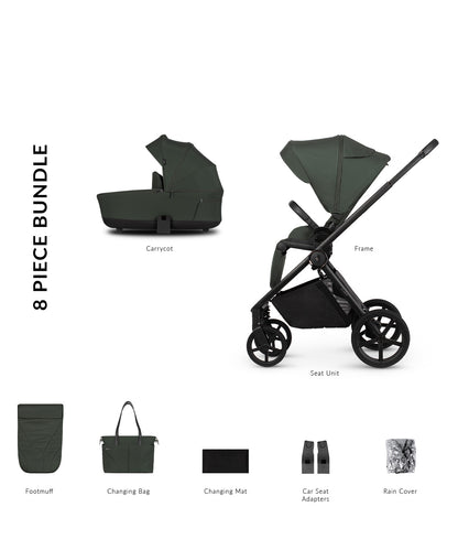 Forest stroller and accessories displayed, highlighting a 2-in-1 travel system with mesh ventilation and one-hand folding capability.