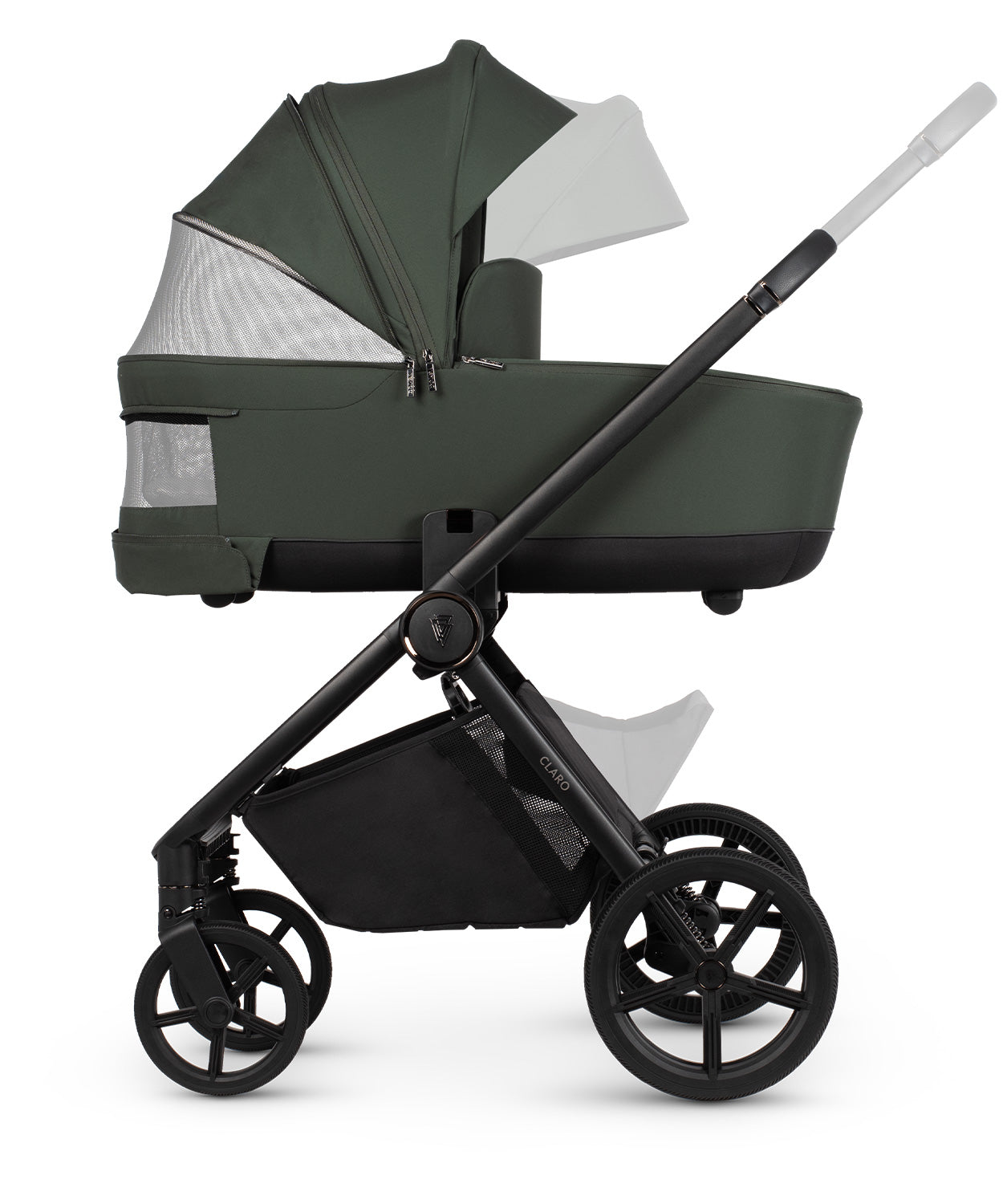 Forest stroller and accessories displayed, highlighting a 2-in-1 travel system with mesh ventilation and one-hand folding capability.