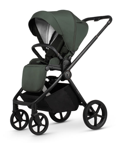 Forest stroller and accessories displayed, highlighting a 2-in-1 travel system with mesh ventilation and one-hand folding capability.