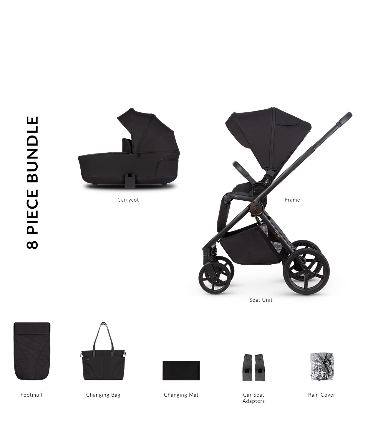 Venicci Claro Noir stroller, carrycot and accessories displayed, highlighting a 2-in-1 travel system with mesh ventilation and one-hand folding capability.