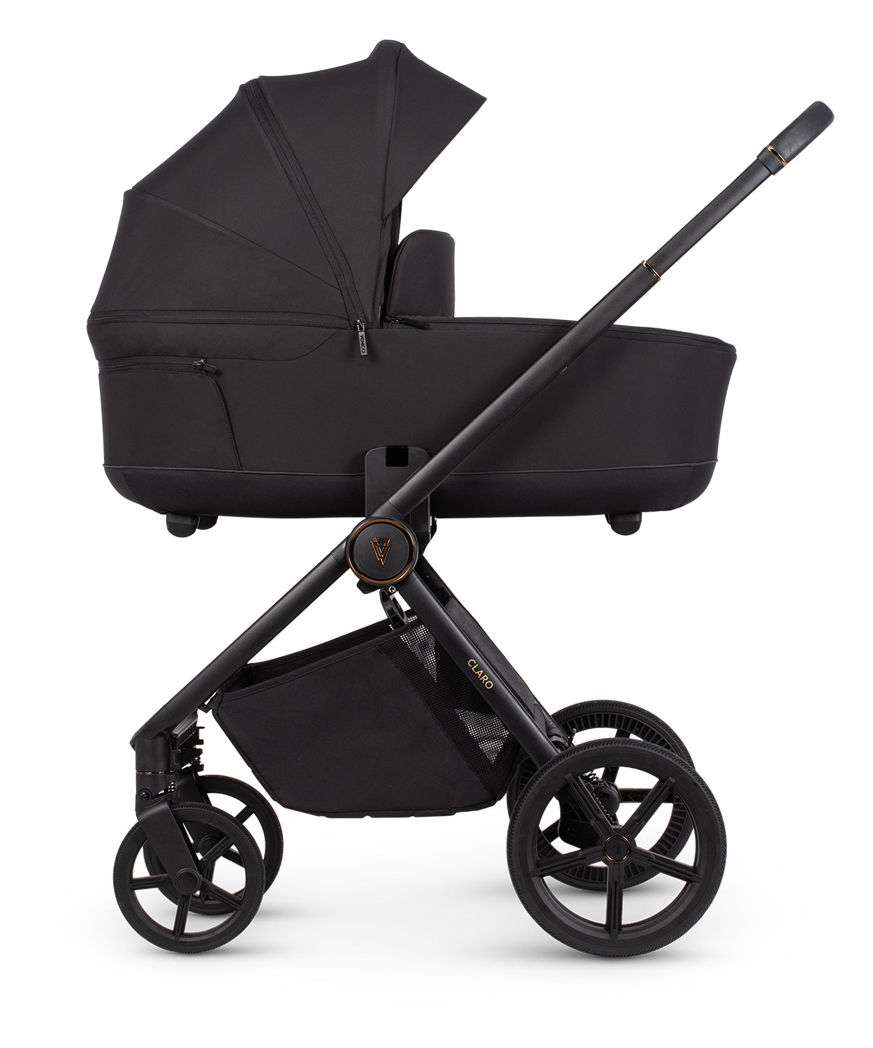 Venicci Claro Noir stroller, carrycot and accessories displayed, highlighting a 2-in-1 travel system with mesh ventilation and one-hand folding capability.