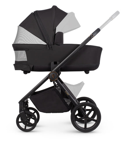 Venicci Claro Noir stroller, carrycot and accessories displayed, highlighting a 2-in-1 travel system with mesh ventilation and one-hand folding capability.