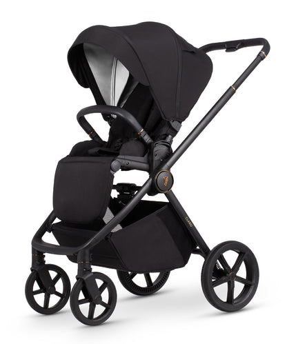 Venicci Claro Noir stroller, carrycot and accessories displayed, highlighting a 2-in-1 travel system with mesh ventilation and one-hand folding capability.