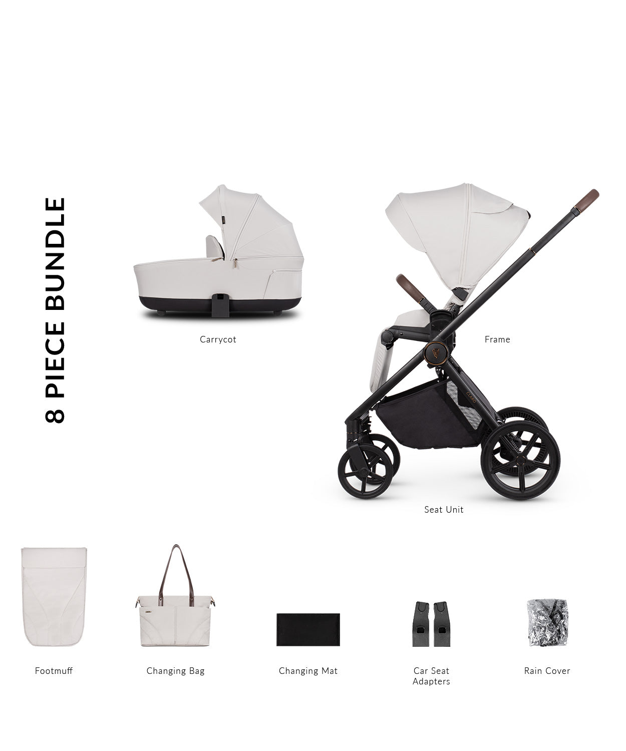 Venicci Claro in Vanilla stroller, carrycot and accessories displayed, highlighting a 2-in-1 travel system with mesh ventilation and one-hand folding capability.