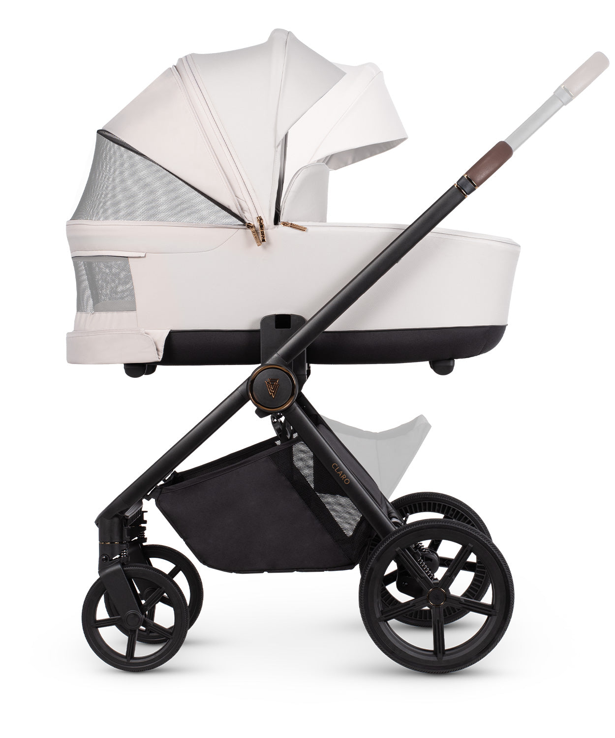 Venicci Claro in Vanilla stroller, carrycot and accessories displayed, highlighting a 2-in-1 travel system with mesh ventilation and one-hand folding capability.