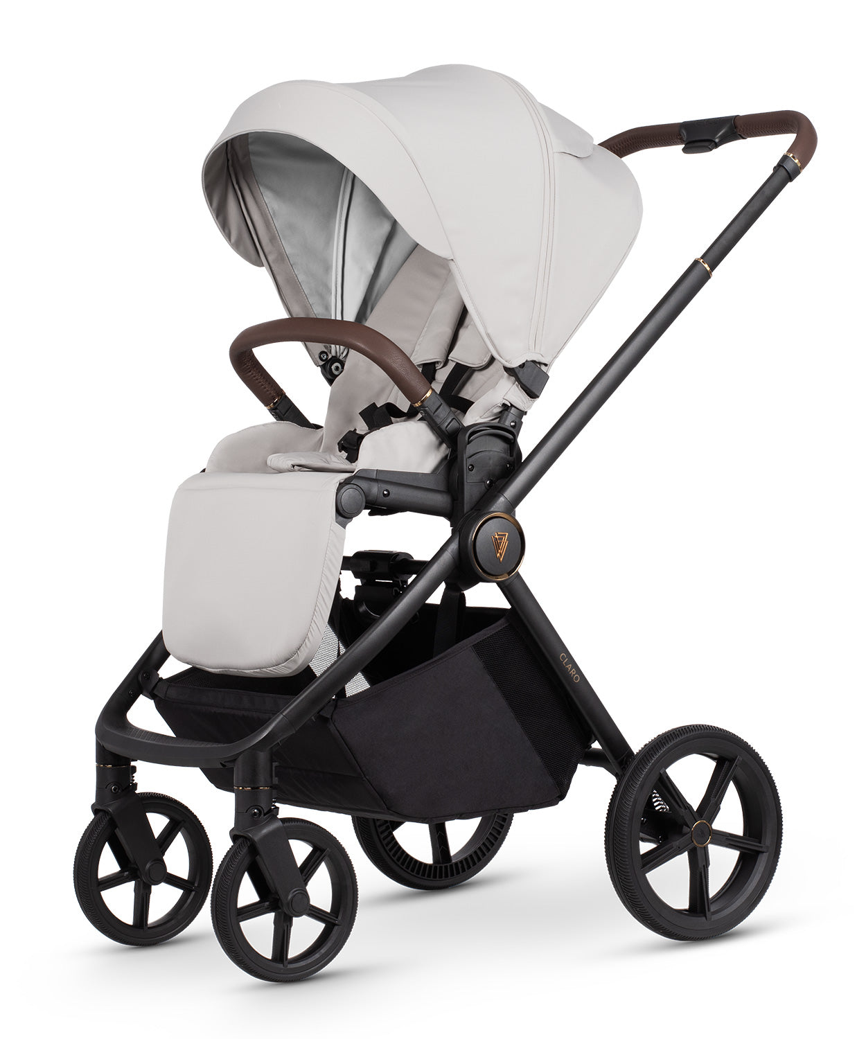 Venicci Claro in Vanilla stroller, carrycot and accessories displayed, highlighting a 2-in-1 travel system with mesh ventilation and one-hand folding capability.