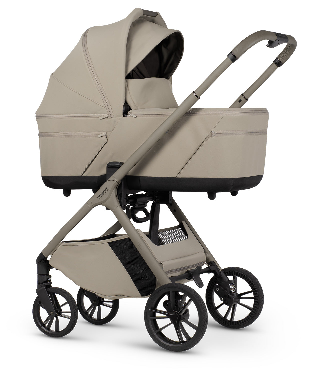 Tila 13 piece pram bundle with aton b2 car seat, isofix base and accessories in latte colourway.