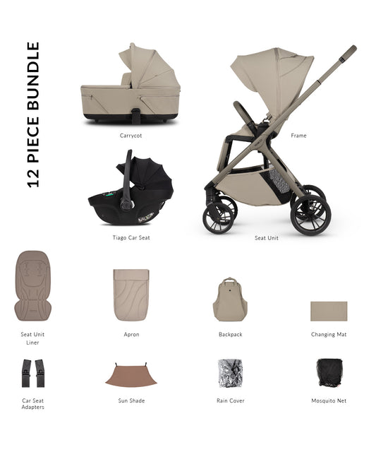 Tila 12 piece pram bundle with tiago car seat and accessories in latte colourway.
