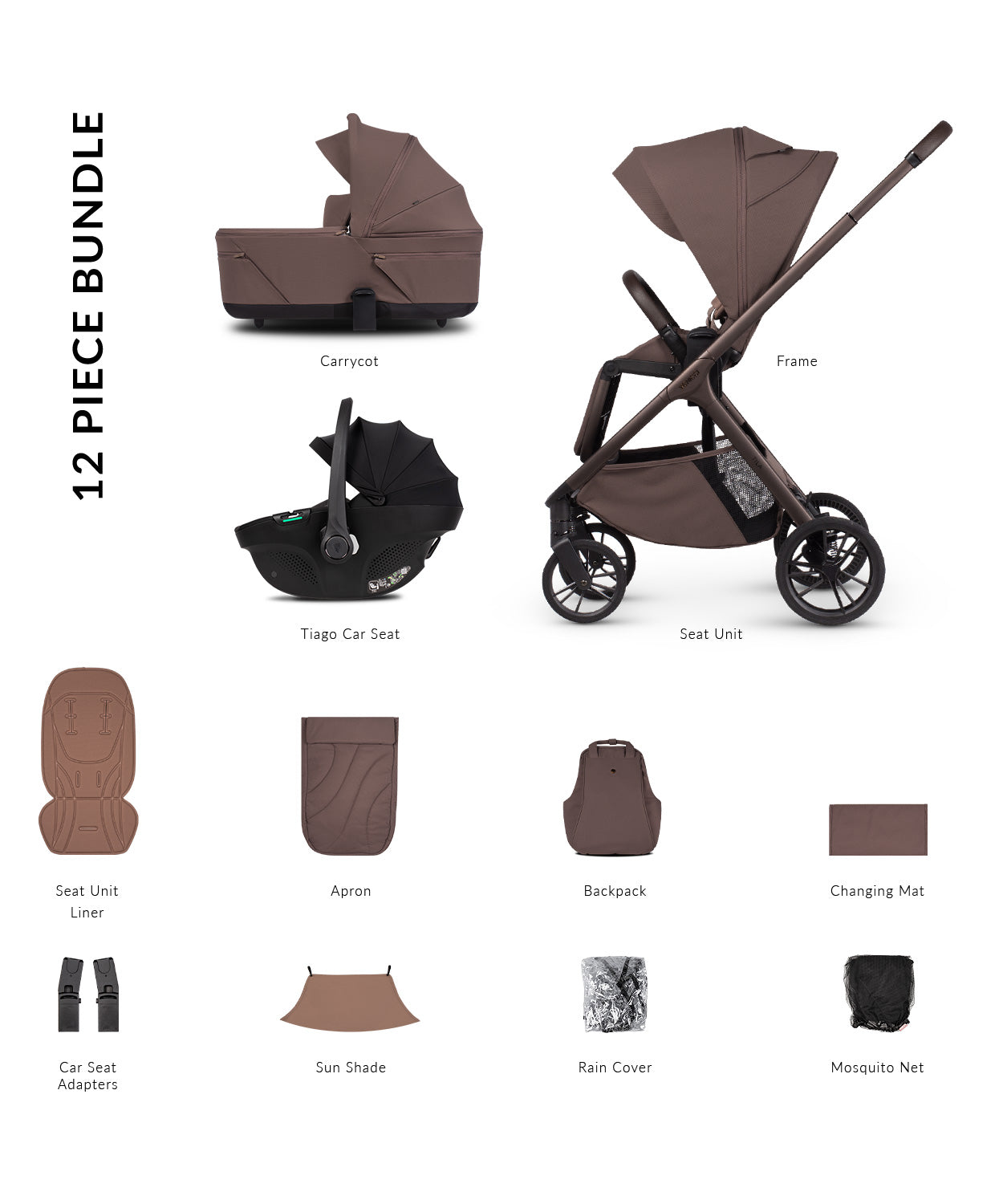 Tila 12 piece pram bundle with tiago car seat and accessories in noce brown colourway.