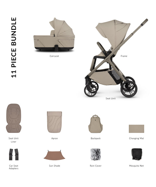 Tila 11 piece pram bundle with accessories in latte colourway.