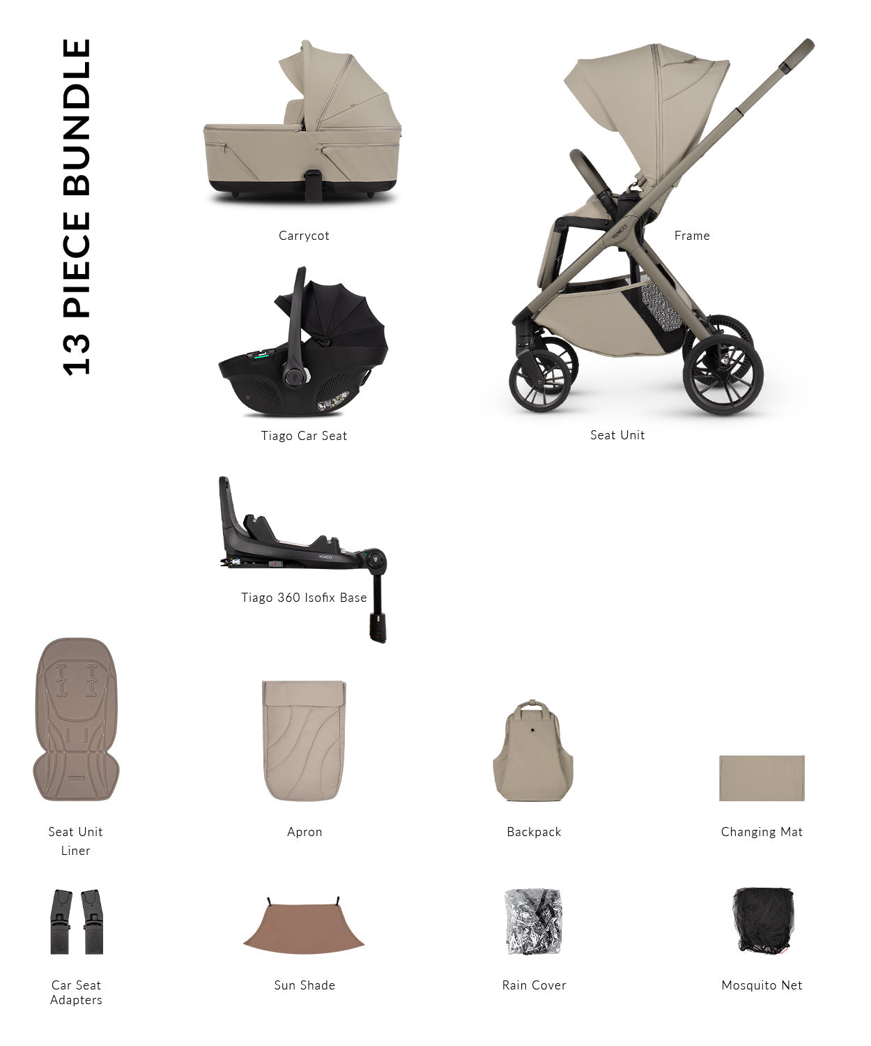 Tila 13 piece pram bundle with tiago car seat, isofix base and accessories in latte colourway.