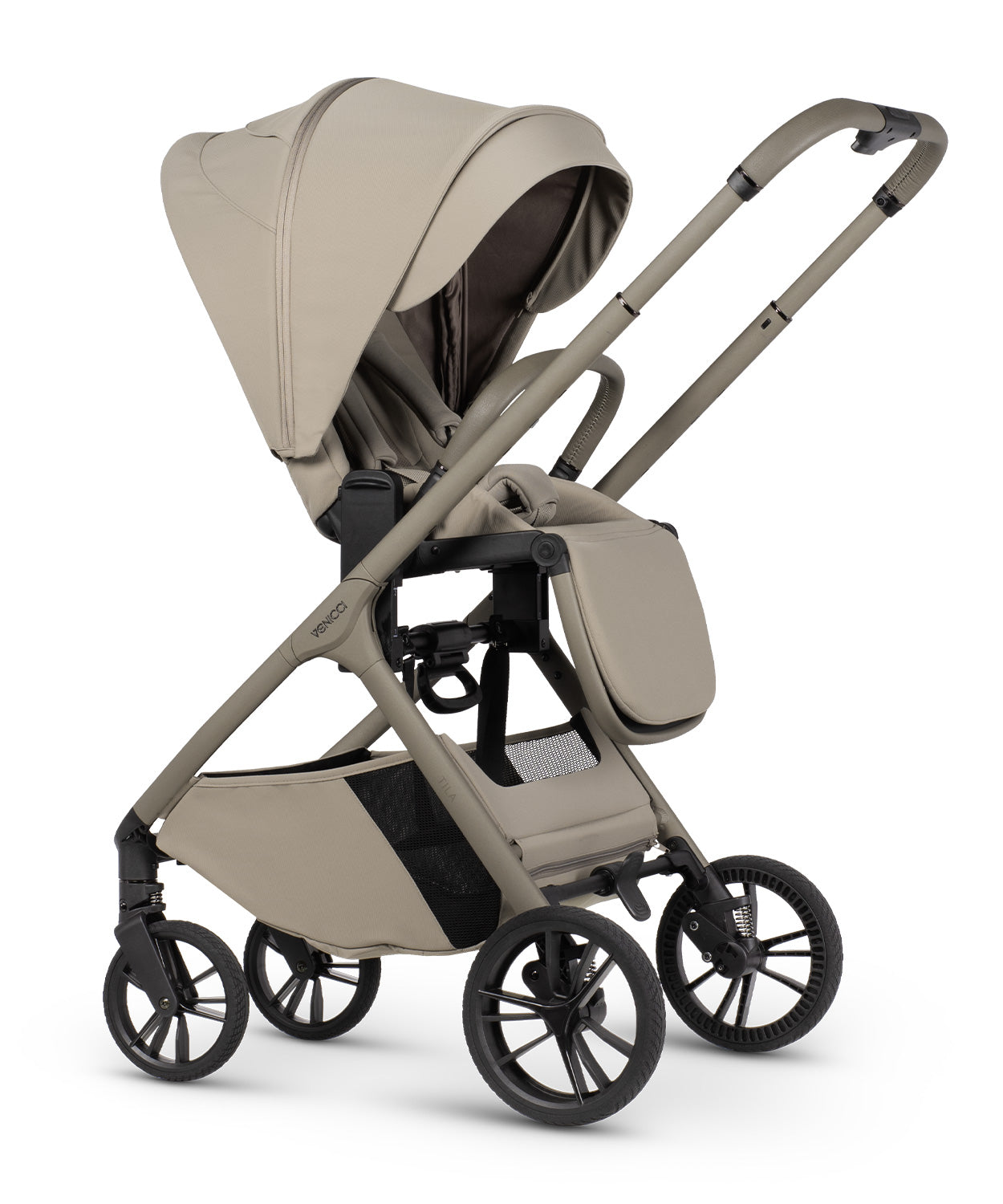 Tila 13 piece pram bundle with aton b2 car seat, isofix base and accessories in latte colourway.