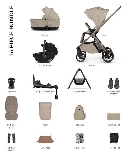 Tila ultimate pram bundle in latte colourway including car seat, base and accessories.