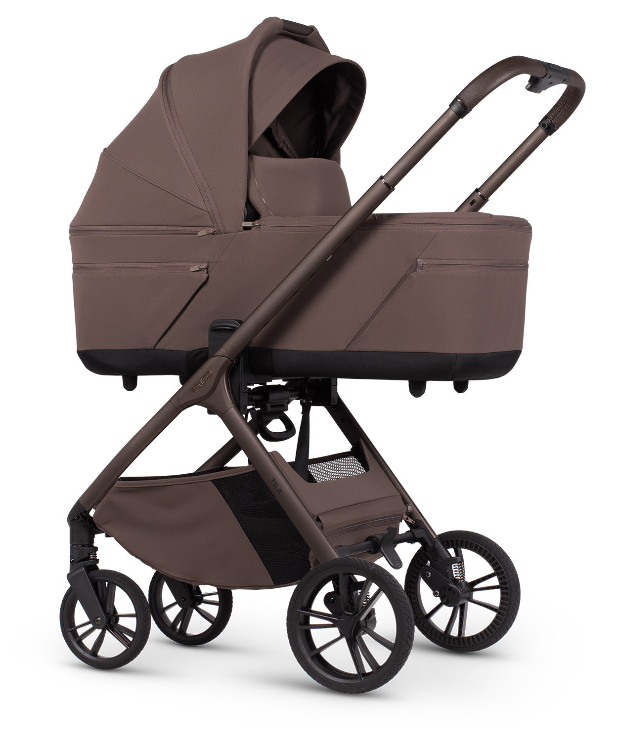 Tila 13 piece pram bundle with cloud t car seat, isofix base and accessories in noce brown colourway.