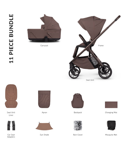 Tila 11 piece pram bundle with accessories in noce brown colourway.