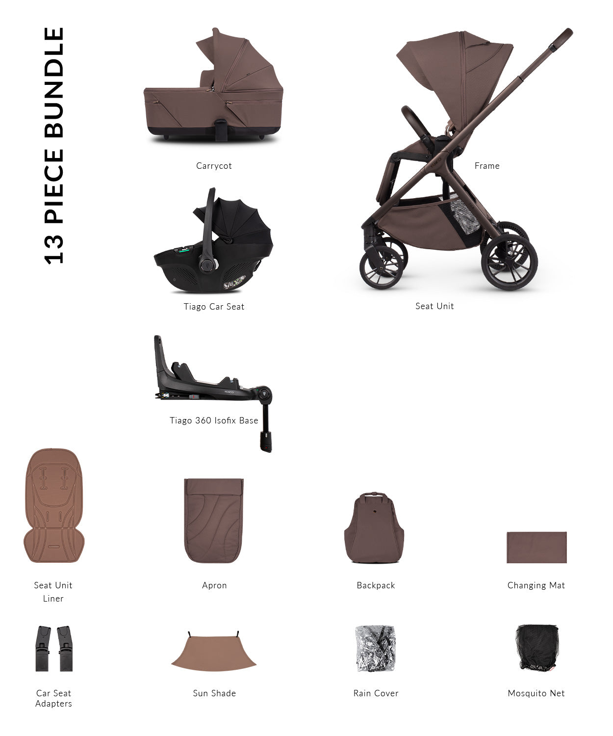 Tila 13 piece pram bundle with tiago car seat, isofix base and accessories in noce brown colourway.