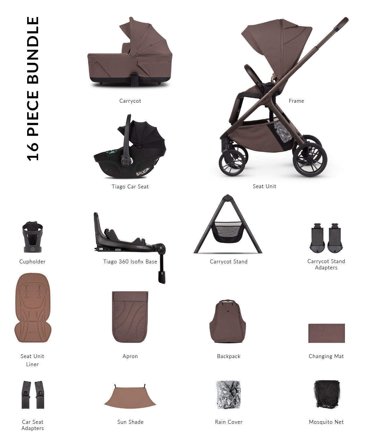 Tila ultimate pram bundle in noce brown colourway including car seat, base and accessories.