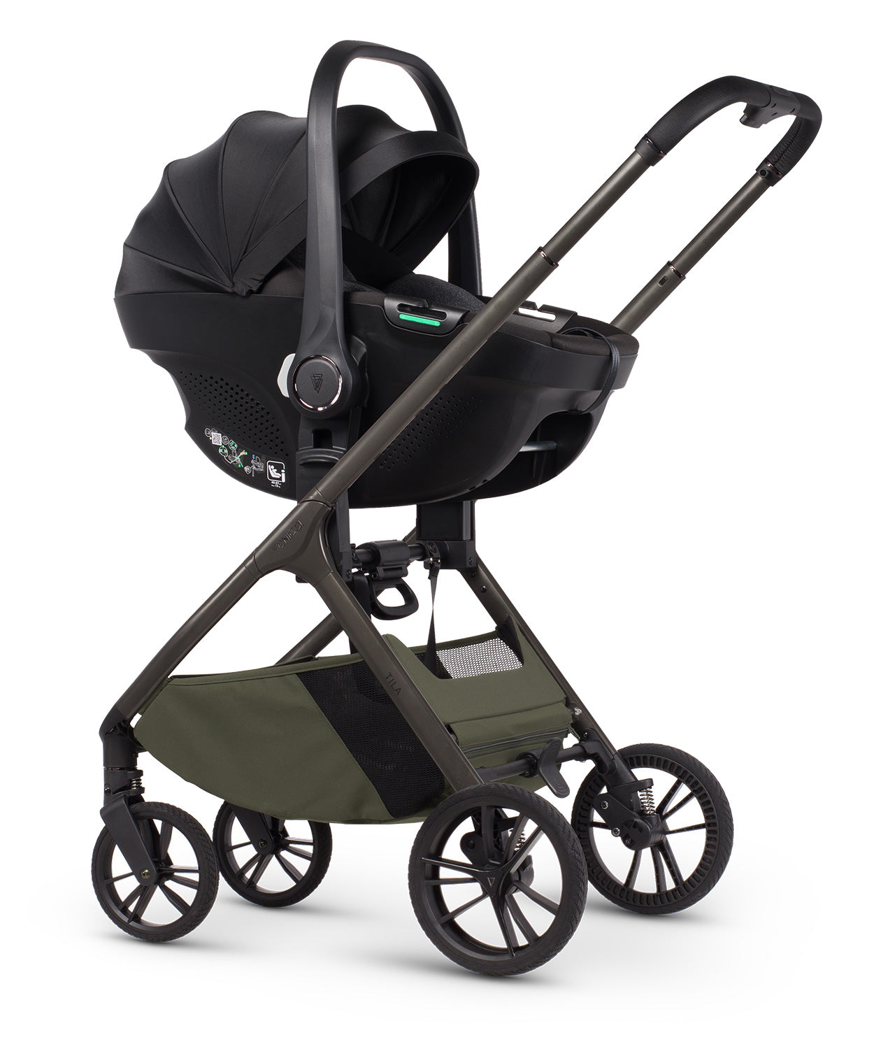 Tila 12 piece pram bundle with tiago car seat and accessories in olive green colourway.
