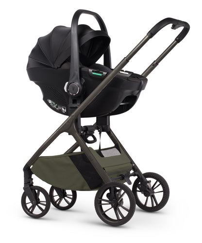 Tila 13 piece pram bundle with tiago car seat, isofix base and accessories in olive green colourway.