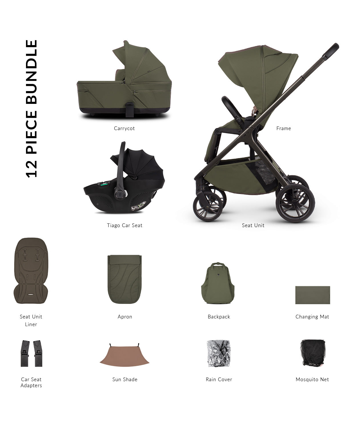 Tila 12 piece pram bundle with tiago car seat and accessories in olive green colourway.