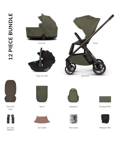 Tila 12 piece pram bundle with tiago car seat and accessories in olive green colourway.