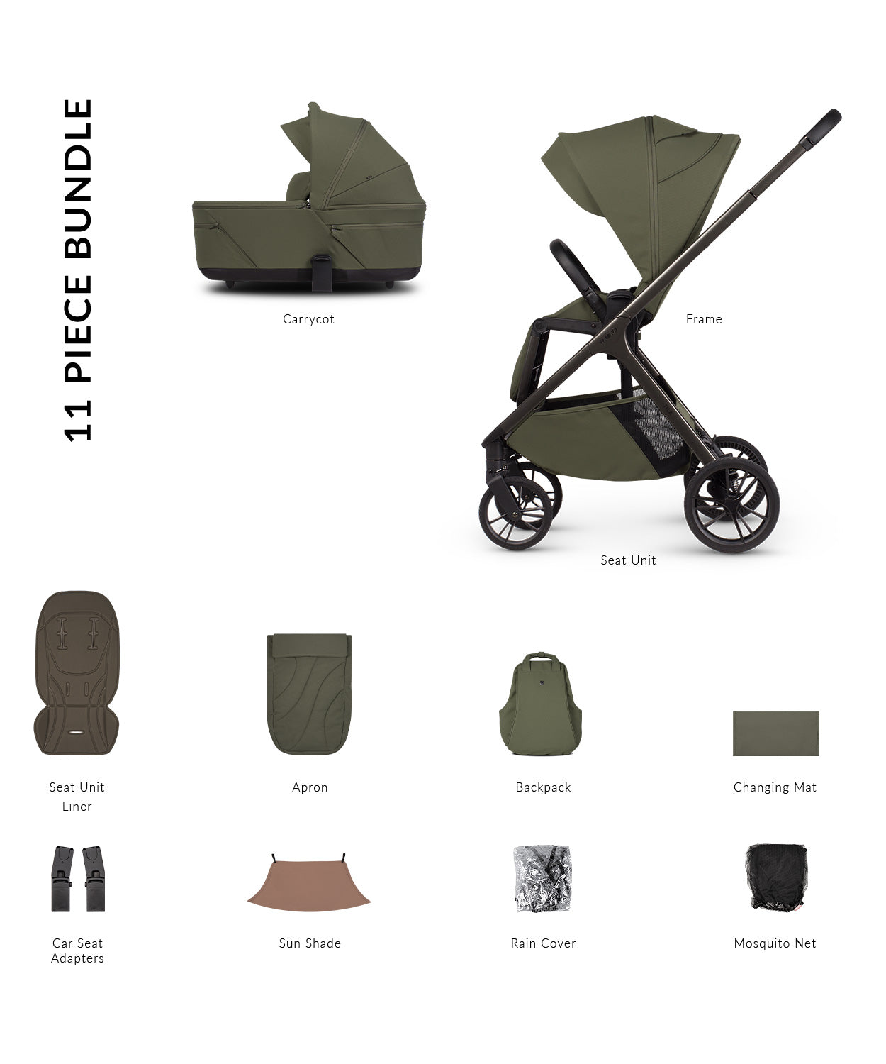 Tila 11 piece pram bundle with accessories in olive green colourway.