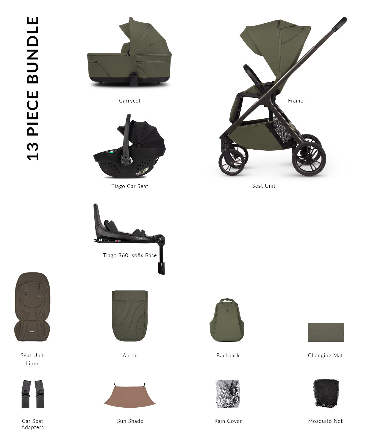 Tila 13 piece pram bundle with tiago car seat, isofix base and accessories in olive green colourway.