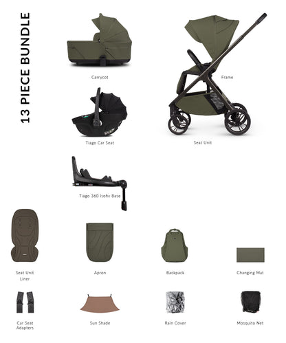 Tila 13 piece pram bundle with tiago car seat, isofix base and accessories in olive green colourway.