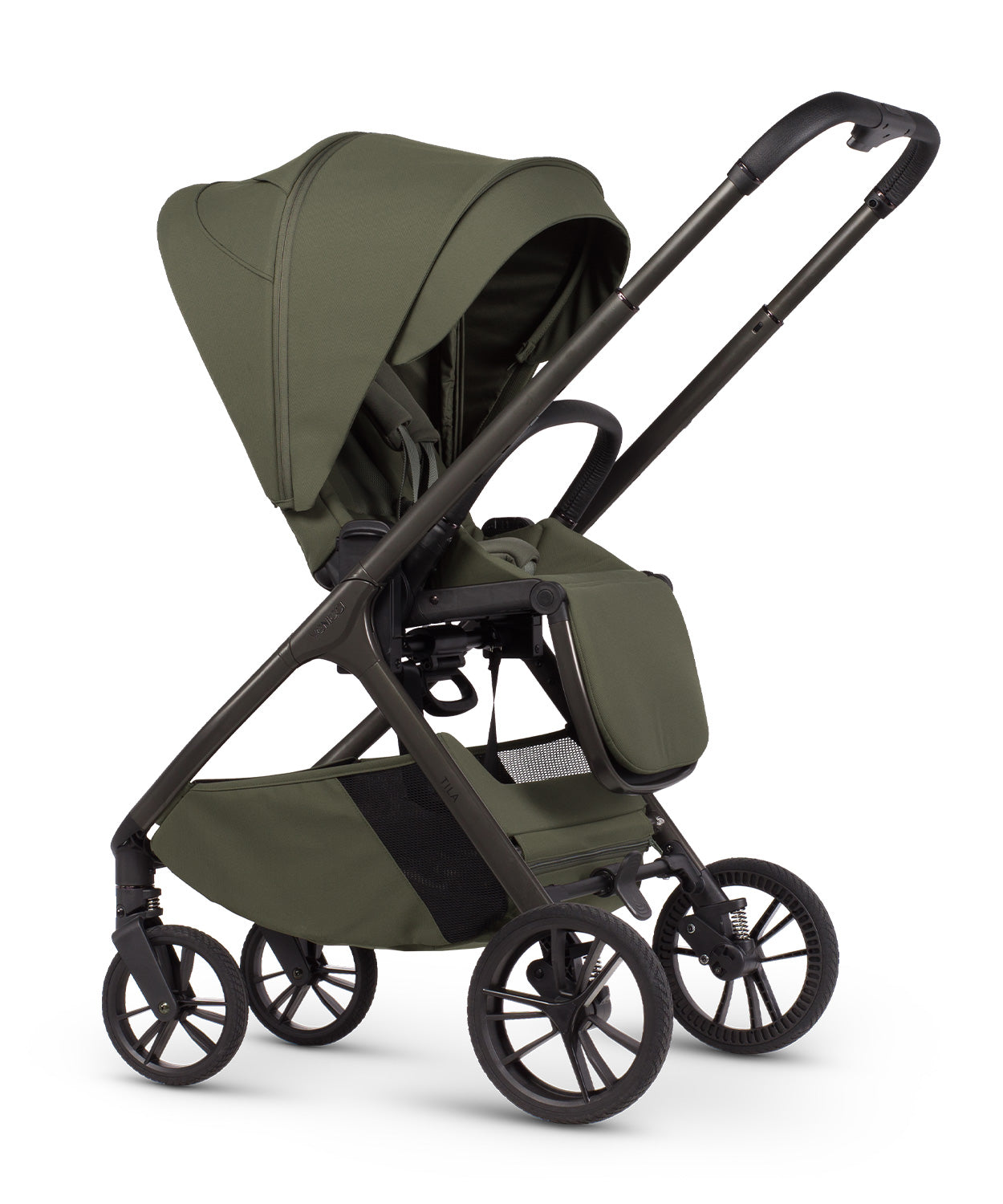 Tila 13 piece pram bundle with aton b2 car seat, isofix base and accessories in olive green colourway.