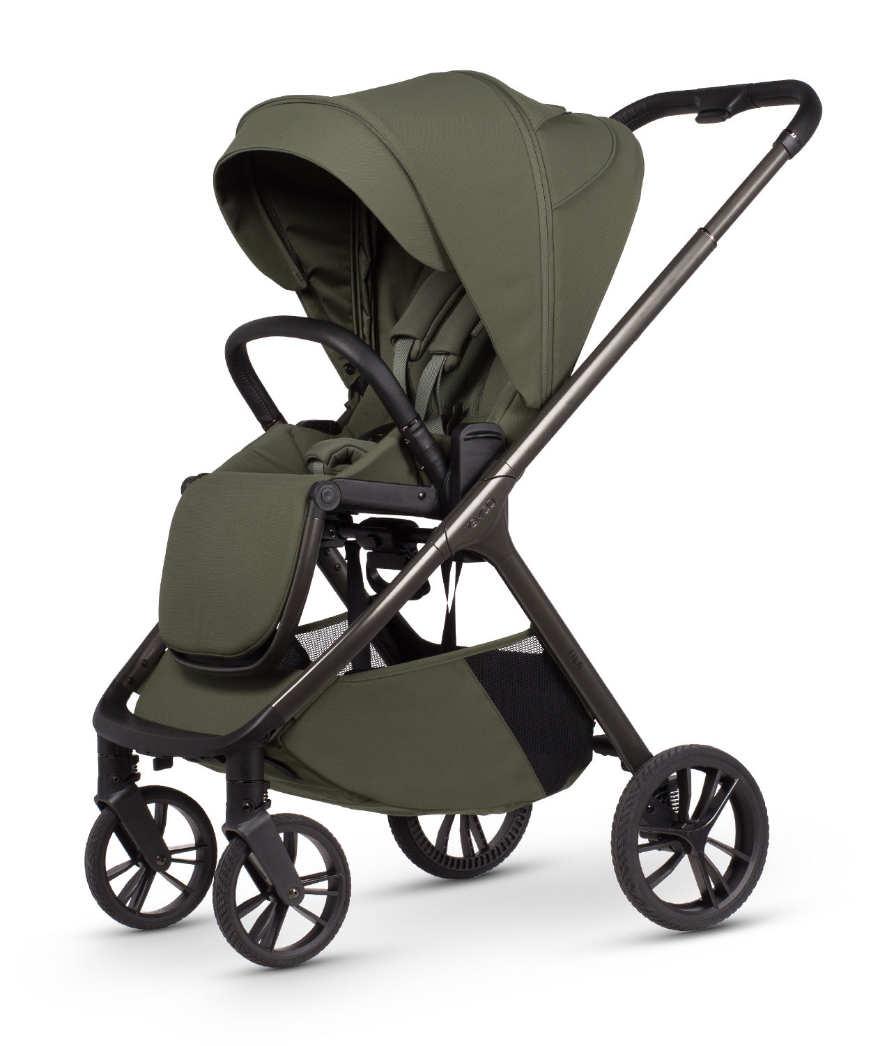 Tila 13 piece pram bundle with tiago car seat, isofix base and accessories in olive green colourway.