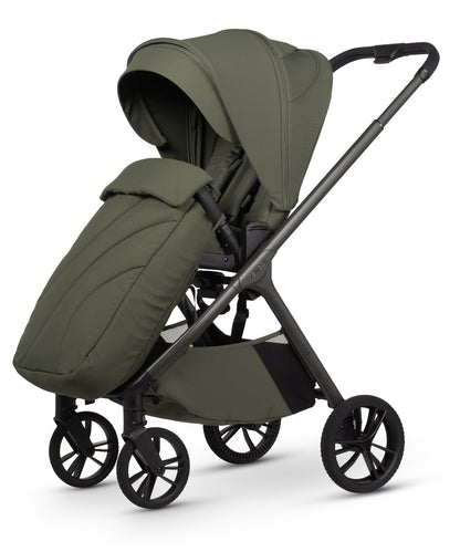 Tila 13 piece pram bundle with tiago car seat, isofix base and accessories in olive green colourway.