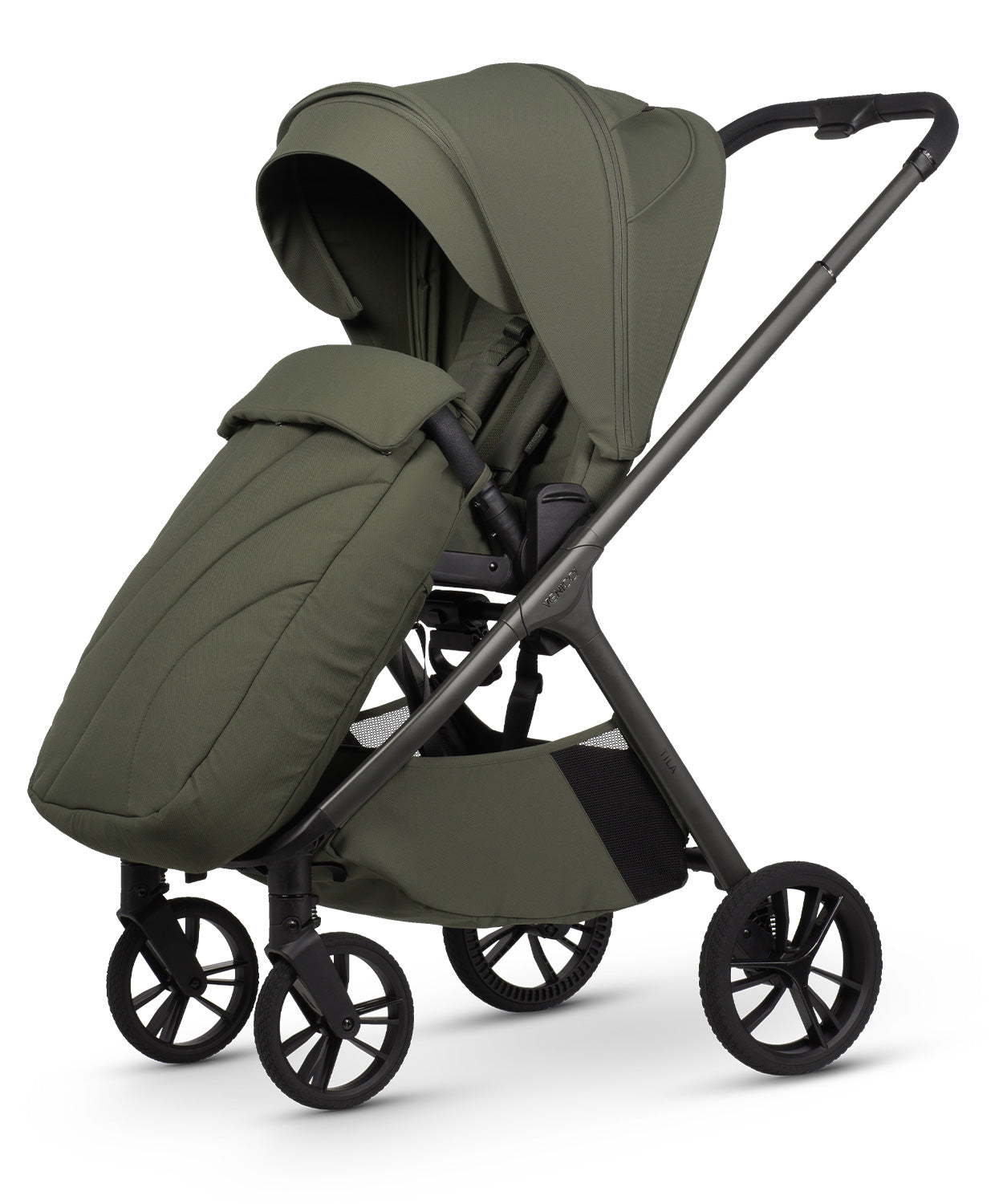 Tila 13 piece pram bundle with aton b2 car seat, isofix base and accessories in olive green colourway.