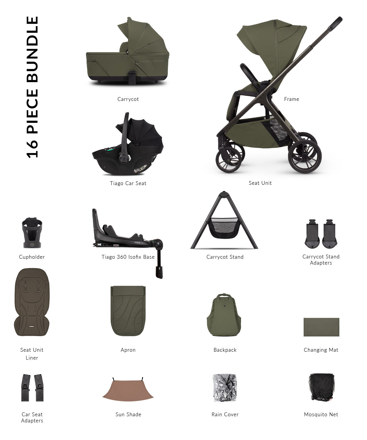 Tila ultimate pram bundle in olive green colourway including car seat, base and accessories.