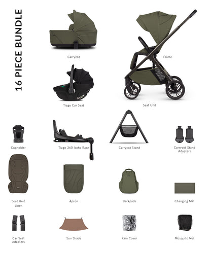 Tila ultimate pram bundle in olive green colourway including car seat, base and accessories.