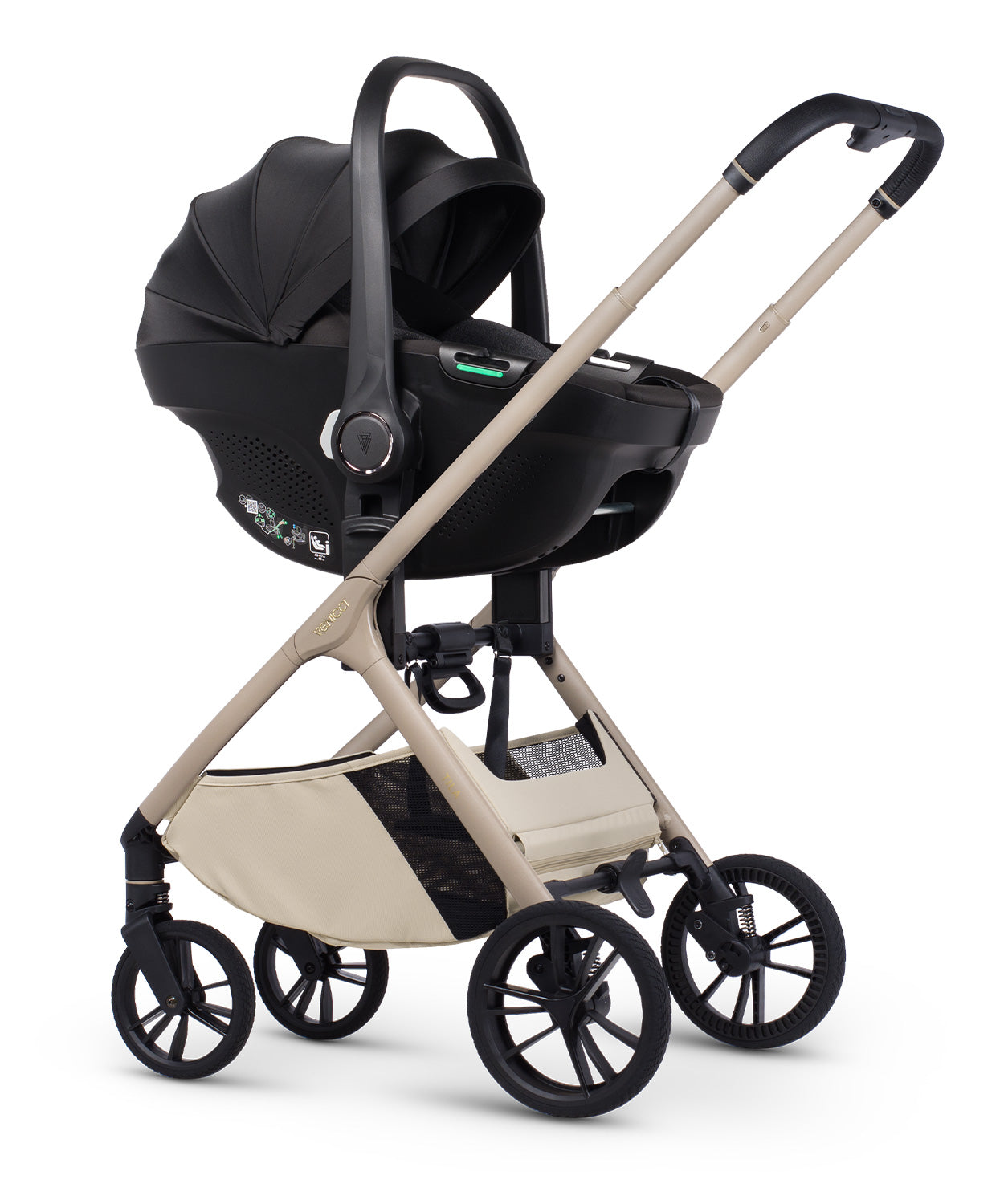 Tila 12 piece pram bundle with tiago car seat and accessories in sabbia white colourway.